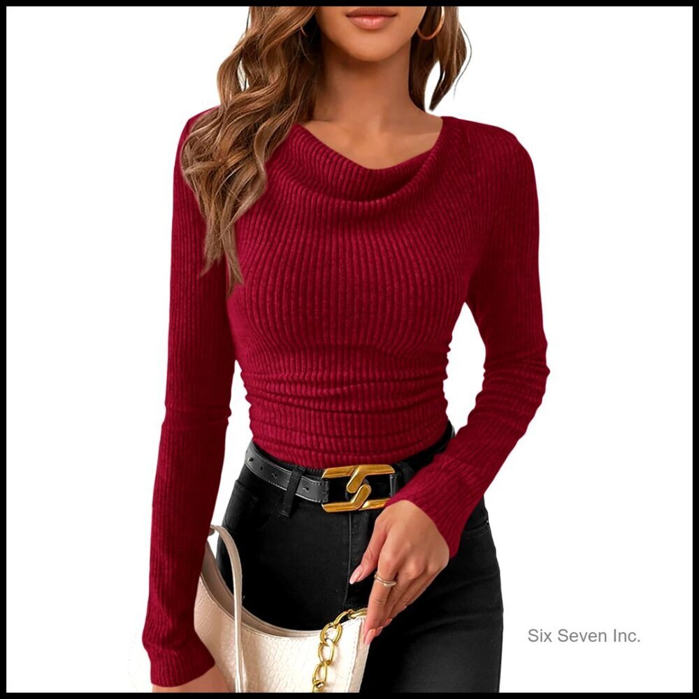 Long Sleeve Cowl Neck Ribbed Knit Slim Fit Ruched Crop Top Y2K Chic